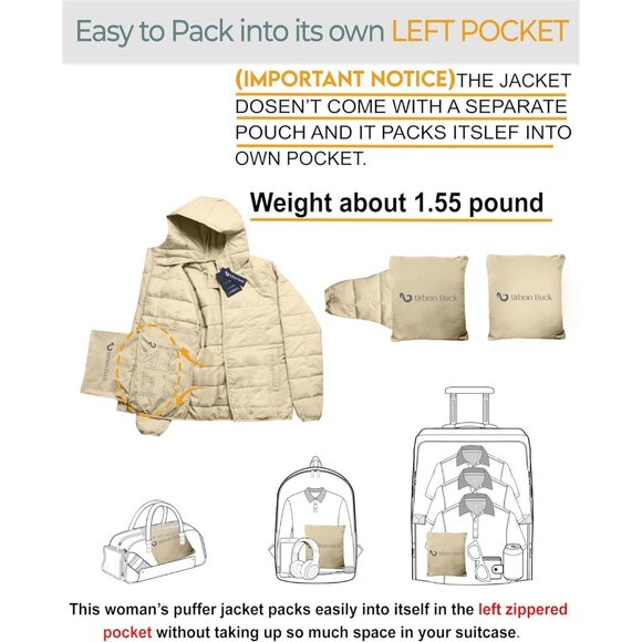 Women's Puffer Jacket Hood 32 Degree Quilted Winter Puff Foldable Jacket Cream - Picture 5 of 7